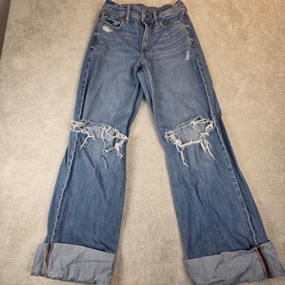 American Eagle Super High Rise Baggy Wide Leg Distressed Jeans Women 4 Regular